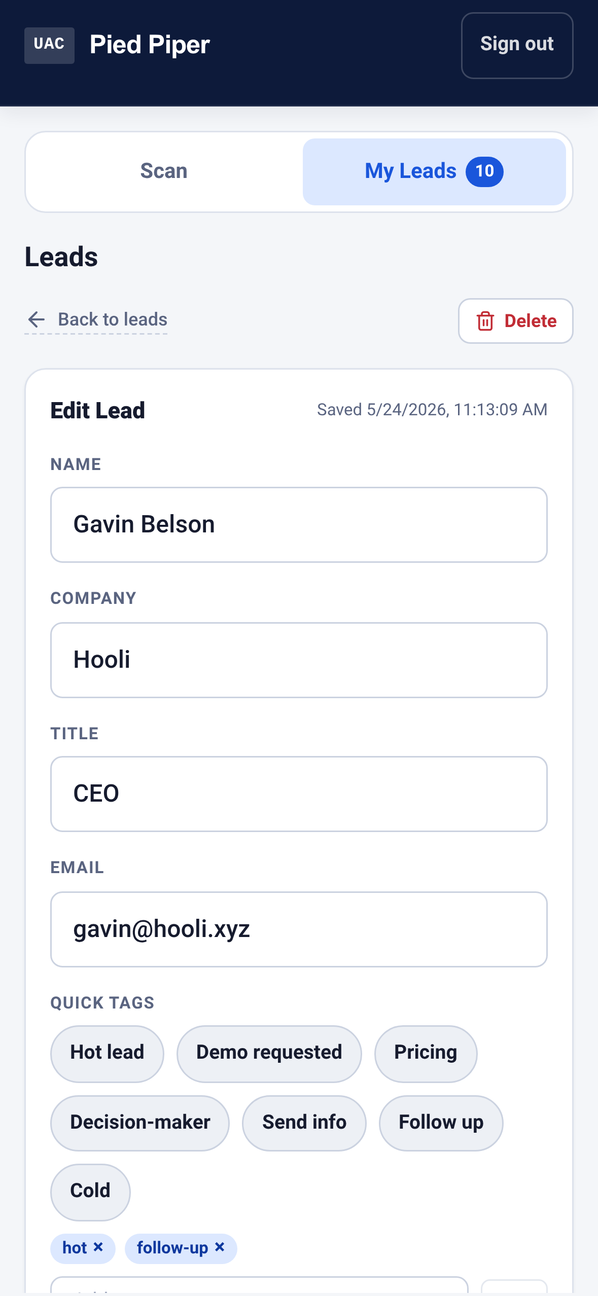 Lead detail with notes and tags